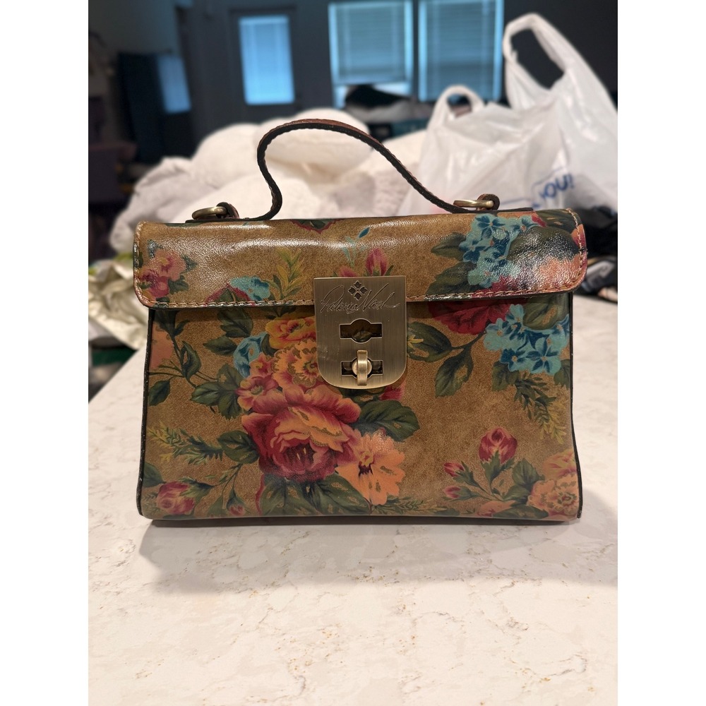 Patricia Nash Floral Leather Top Handle Satchel Bag Tan Rose Gold Tone Hardware - Picture 1 of 13